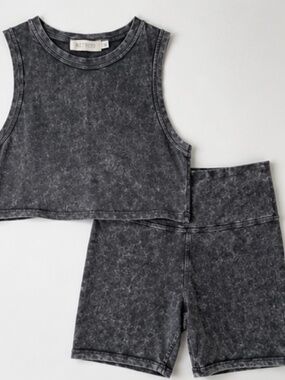 RETROD Women’s L Acid Wash Crop Tank Biker Shorts 2 Piece Set Y2K Athleisure